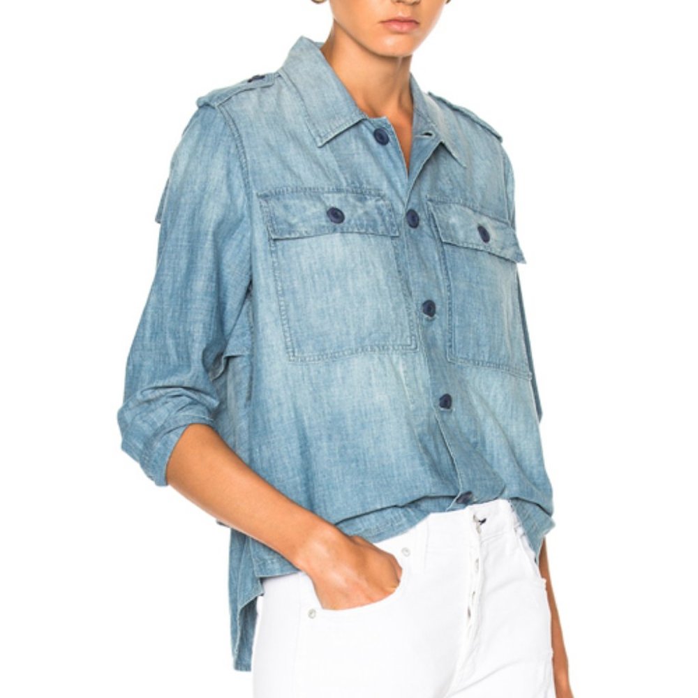 AMO Ruffle Back Army Jacket in Chambray Denim Jean - Picture 2 of 6